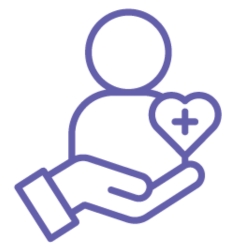 Minimal purple line icon of a hand holding up a person with a medical heart